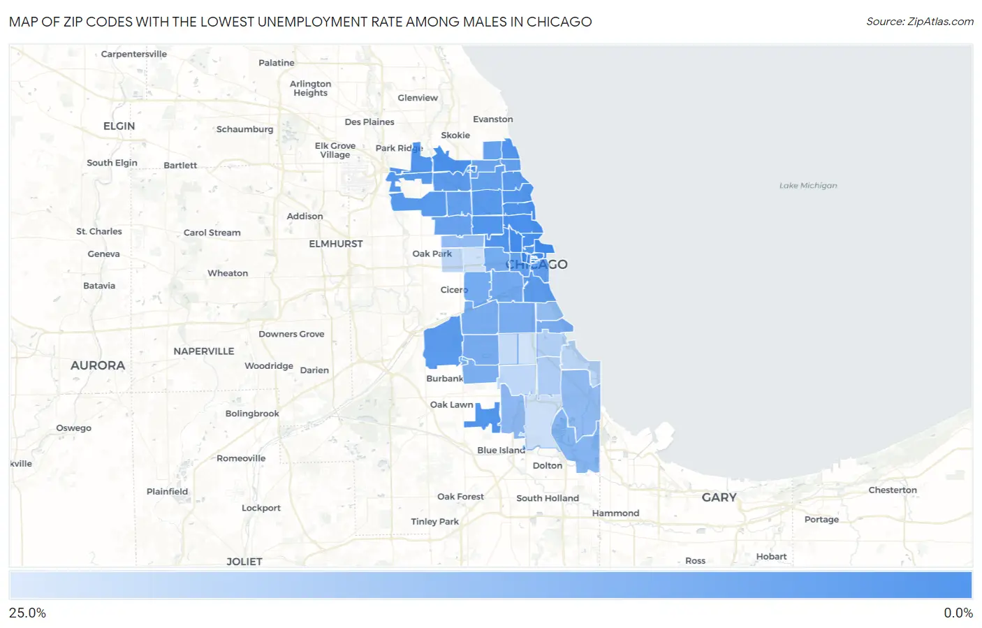 Zip Codes with the Lowest Unemployment Rate Among Males in Chicago Map