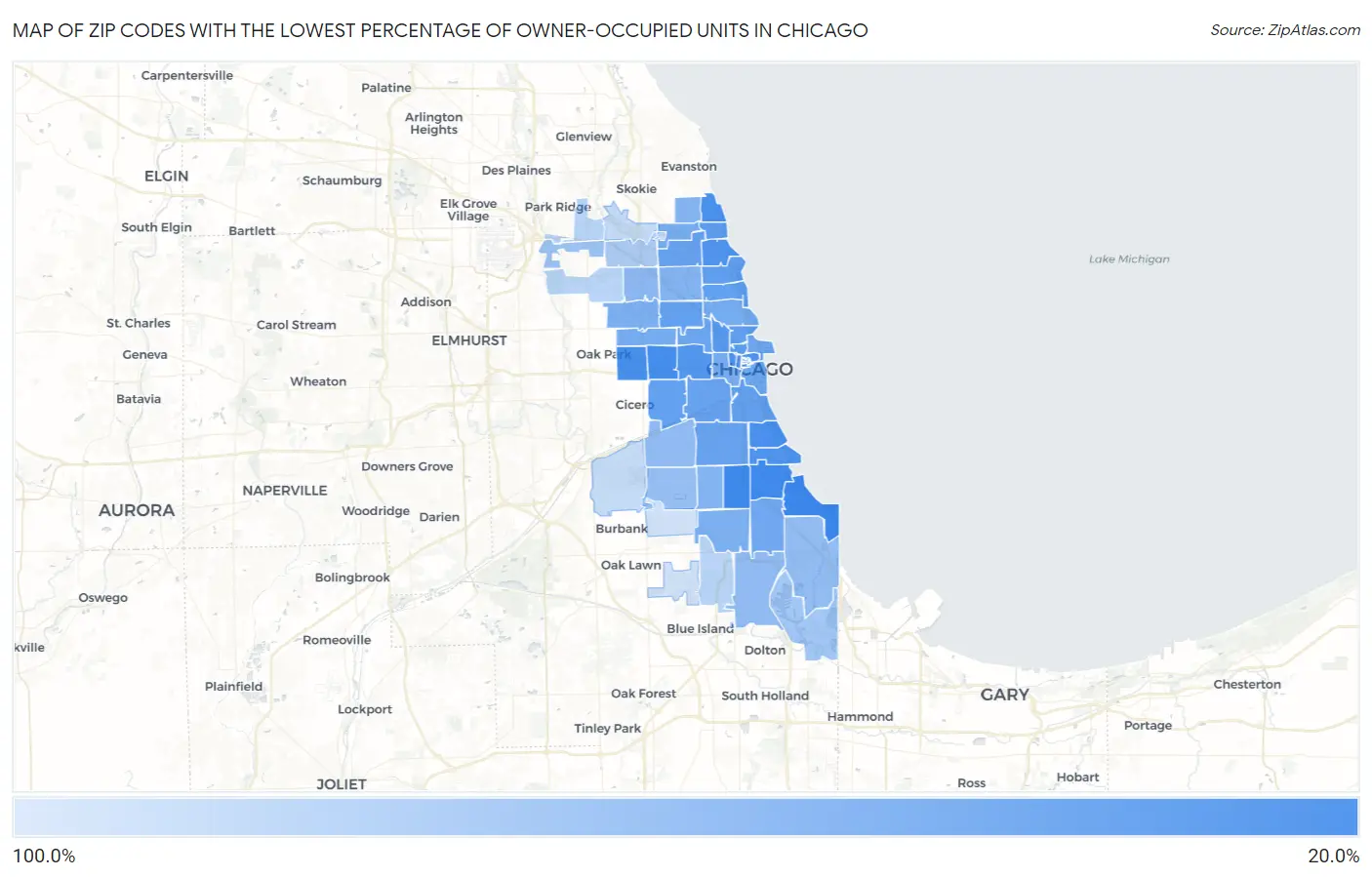 Zip Codes with the Lowest Percentage of Owner-Occupied Units in Chicago Map