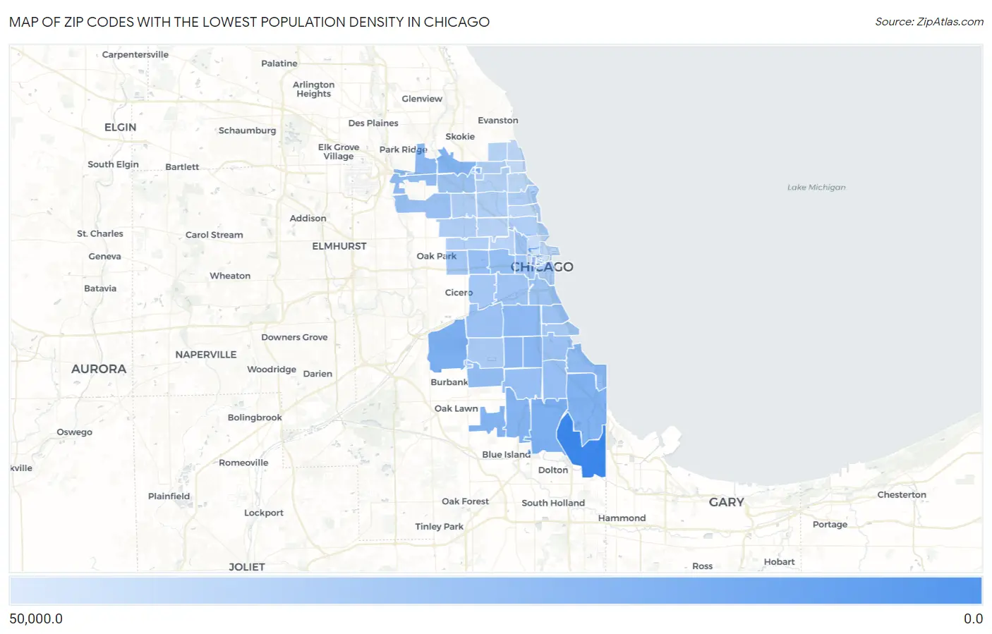 Zip Codes with the Lowest Population Density in Chicago Map