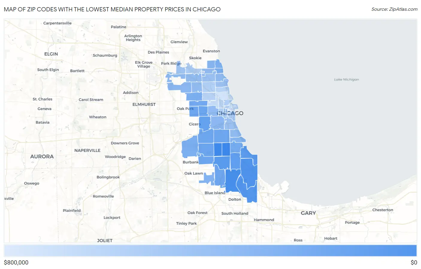 Zip Codes with the Lowest Median Property Prices in Chicago Map
