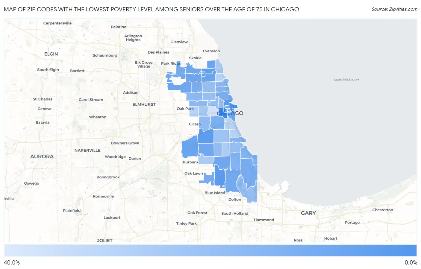 Zip Codes with the Lowest Poverty Level Among Seniors Over the Age of 75 in Chicago Map