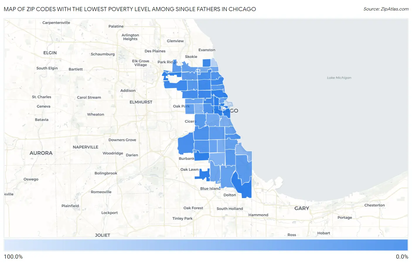 Zip Codes with the Lowest Poverty Level Among Single Fathers in Chicago Map