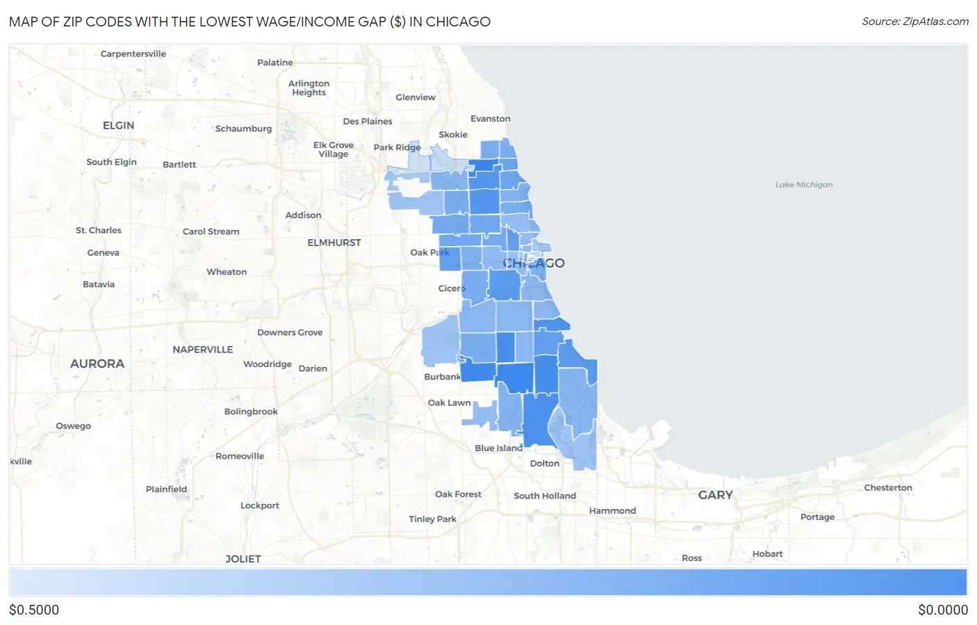 Zip Codes with the Lowest Wage/Income Gap ($) in Chicago Map
