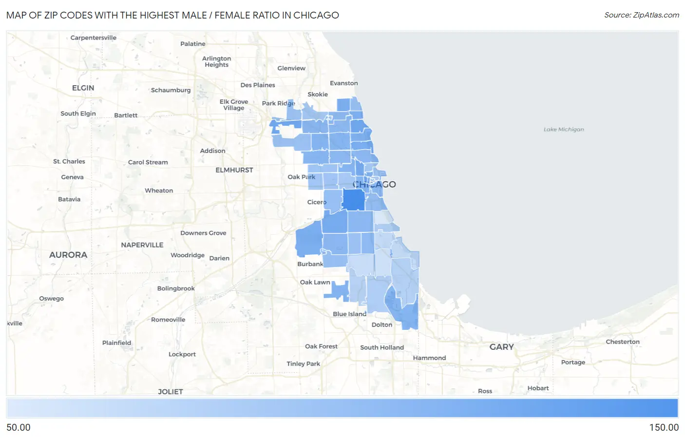 Zip Codes with the Highest Male / Female Ratio in Chicago Map