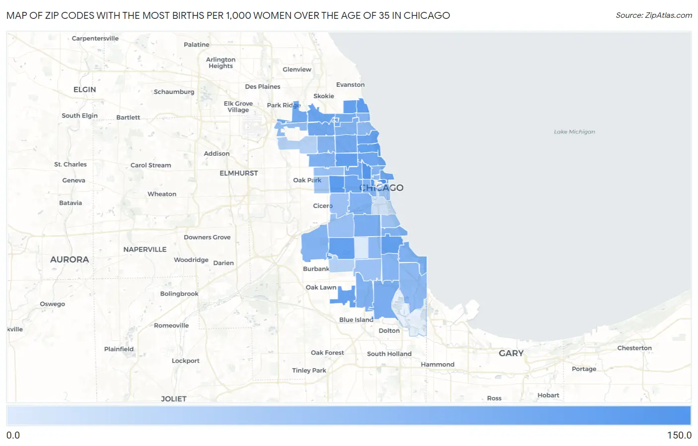 Zip Codes with the Most Births per 1,000 Women Over the Age of 35 in Chicago Map