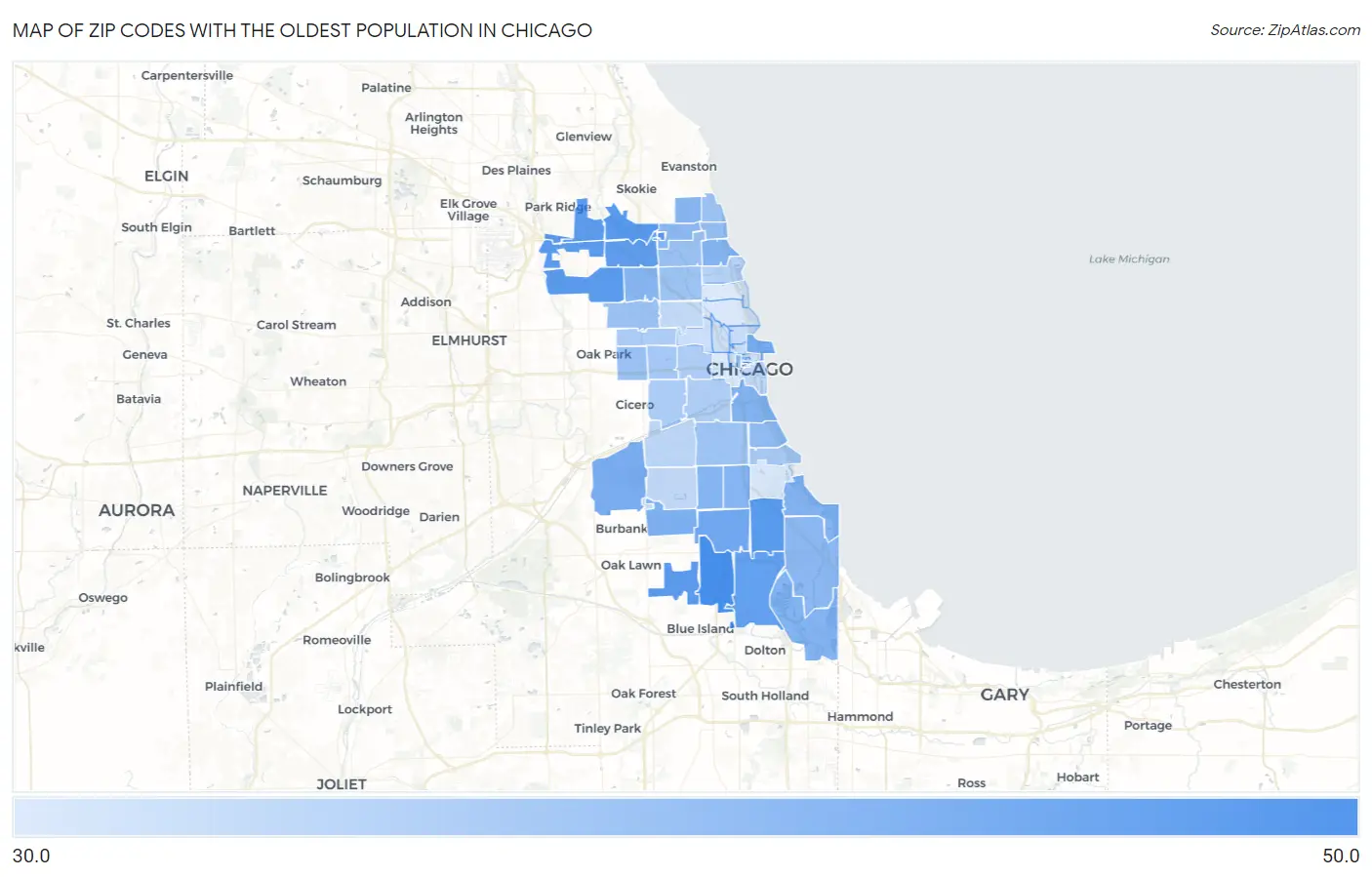 Zip Codes with the Oldest Population in Chicago Map