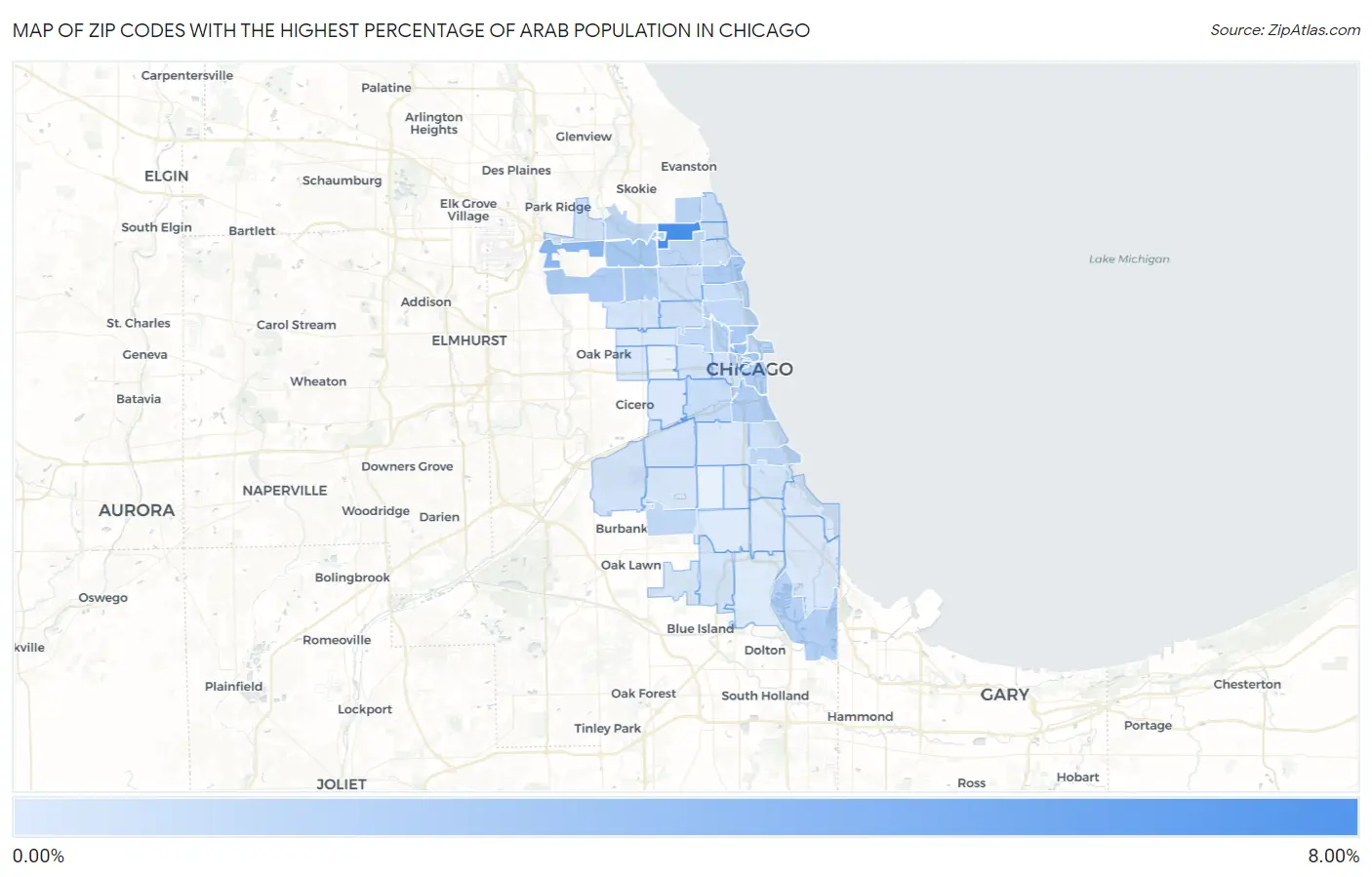 Zip Codes with the Highest Percentage of Arab Population in Chicago Map