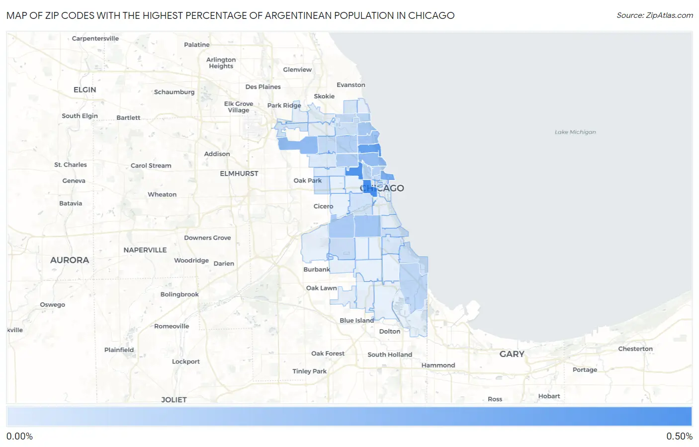 Zip Codes with the Highest Percentage of Argentinean Population in Chicago Map