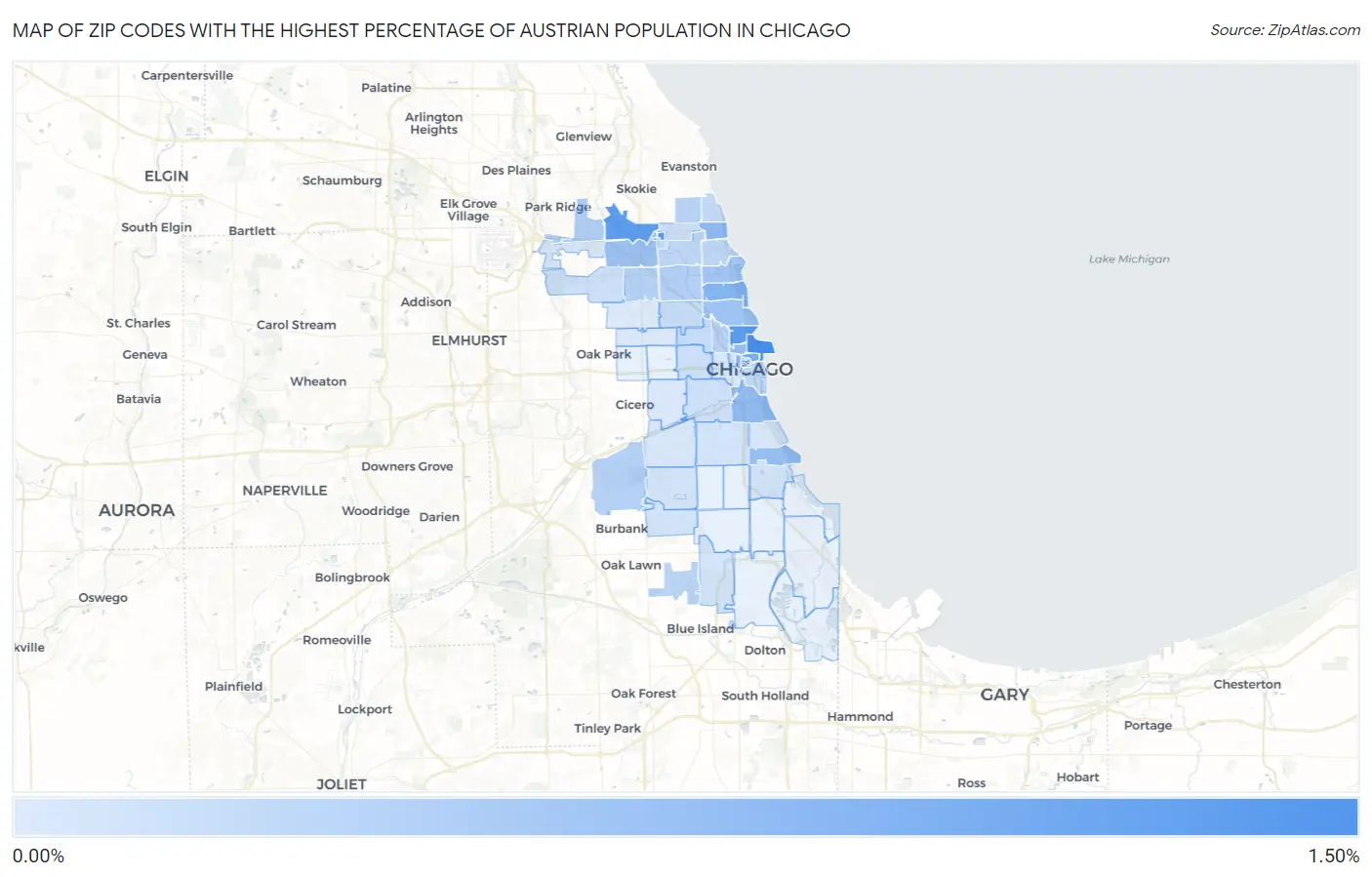 Zip Codes with the Highest Percentage of Austrian Population in Chicago Map