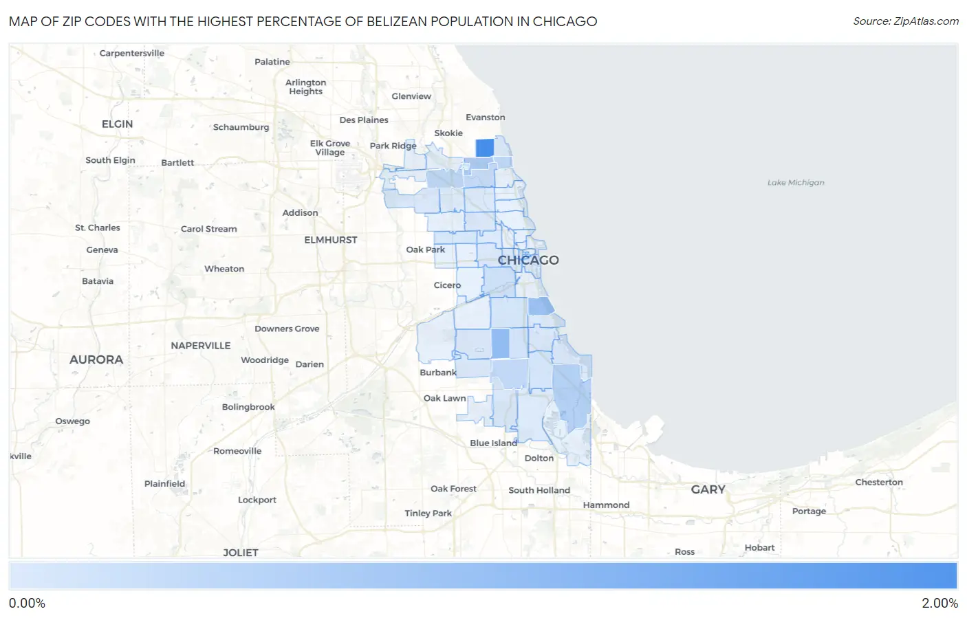 Zip Codes with the Highest Percentage of Belizean Population in Chicago Map
