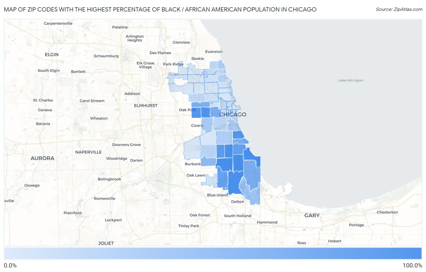 Zip Codes with the Highest Percentage of Black / African American Population in Chicago Map