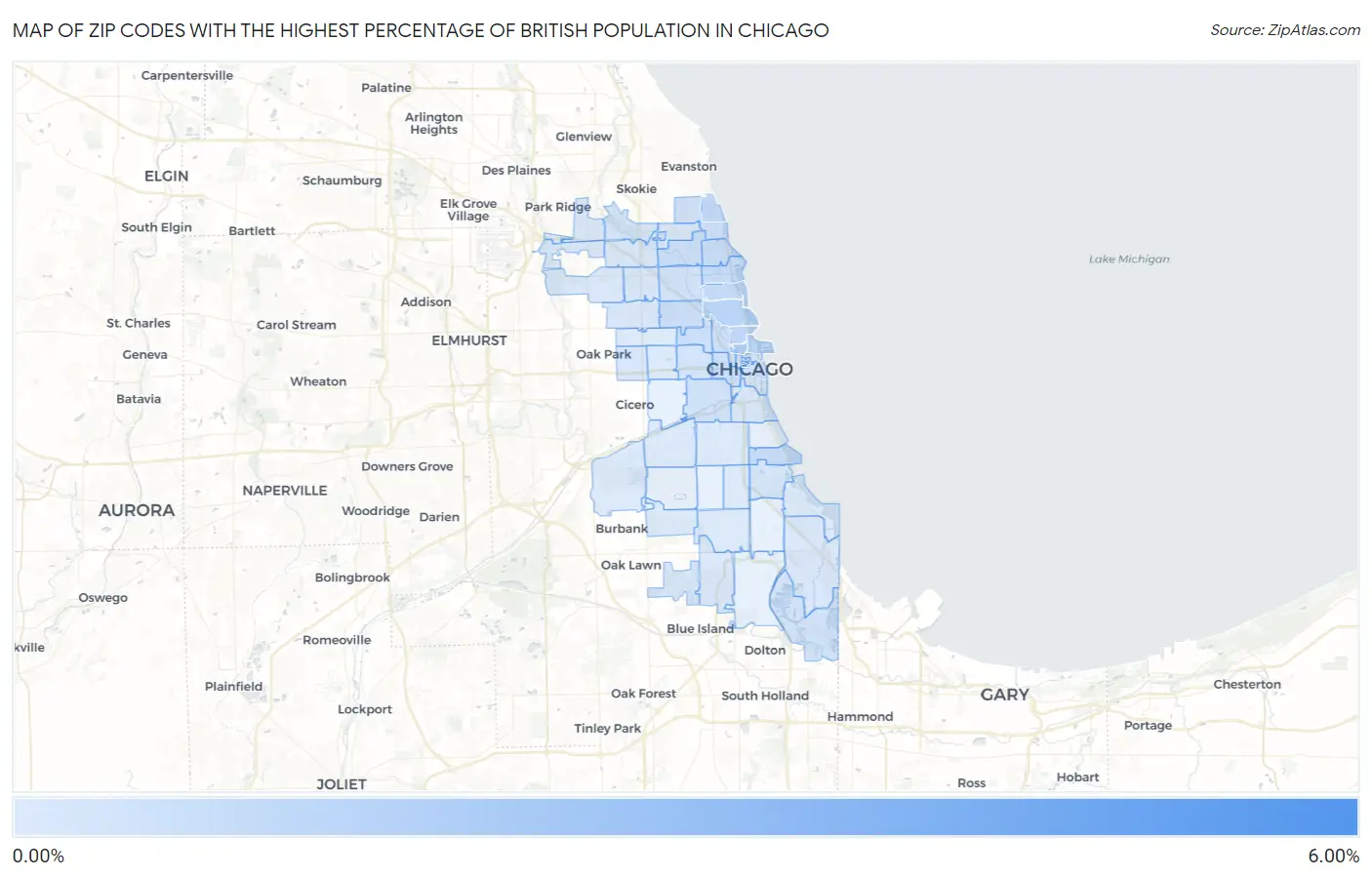 Zip Codes with the Highest Percentage of British Population in Chicago Map