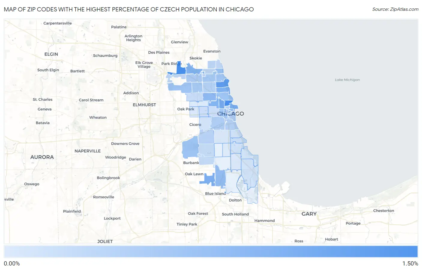 Zip Codes with the Highest Percentage of Czech Population in Chicago Map