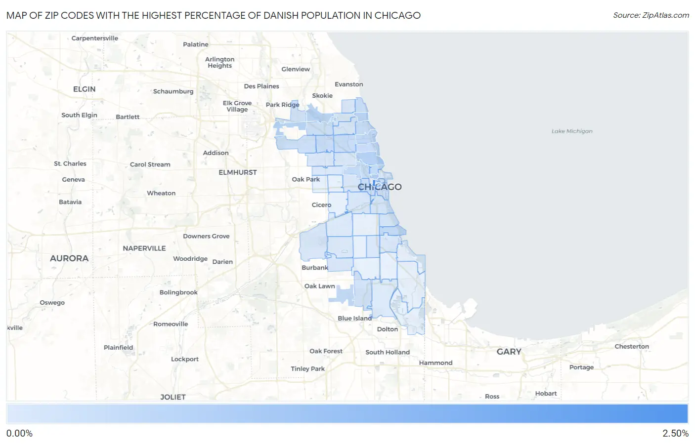 Zip Codes with the Highest Percentage of Danish Population in Chicago Map