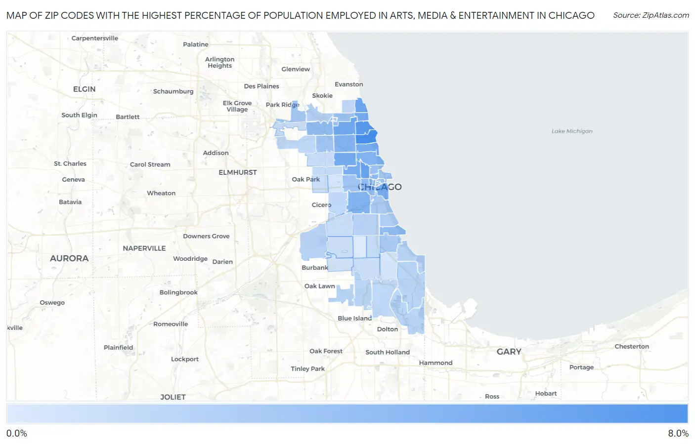 Zip Codes with the Highest Percentage of Population Employed in Arts, Media & Entertainment in Chicago Map