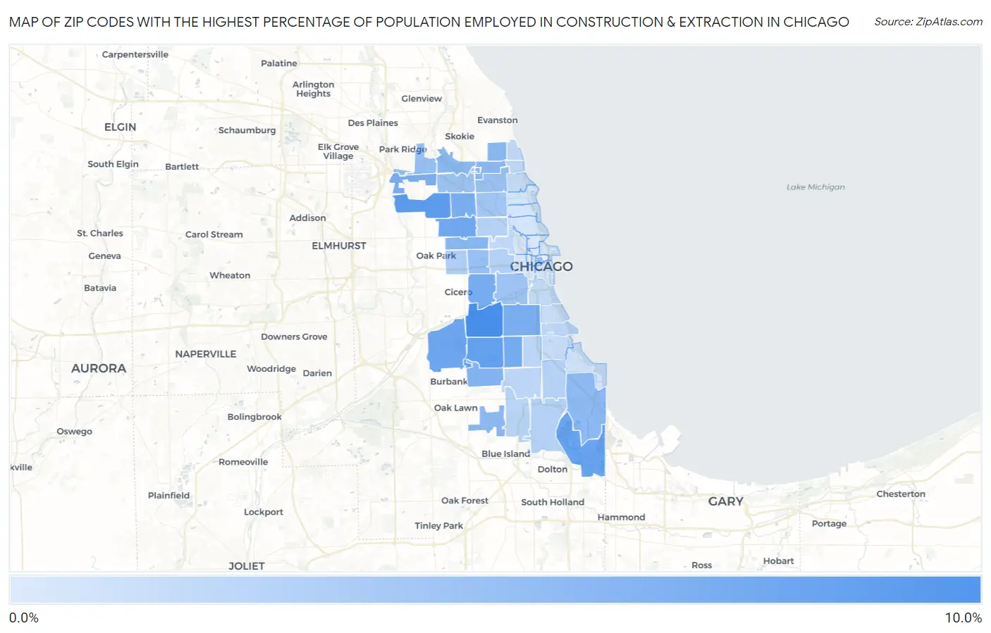 Zip Codes with the Highest Percentage of Population Employed in Construction & Extraction in Chicago Map