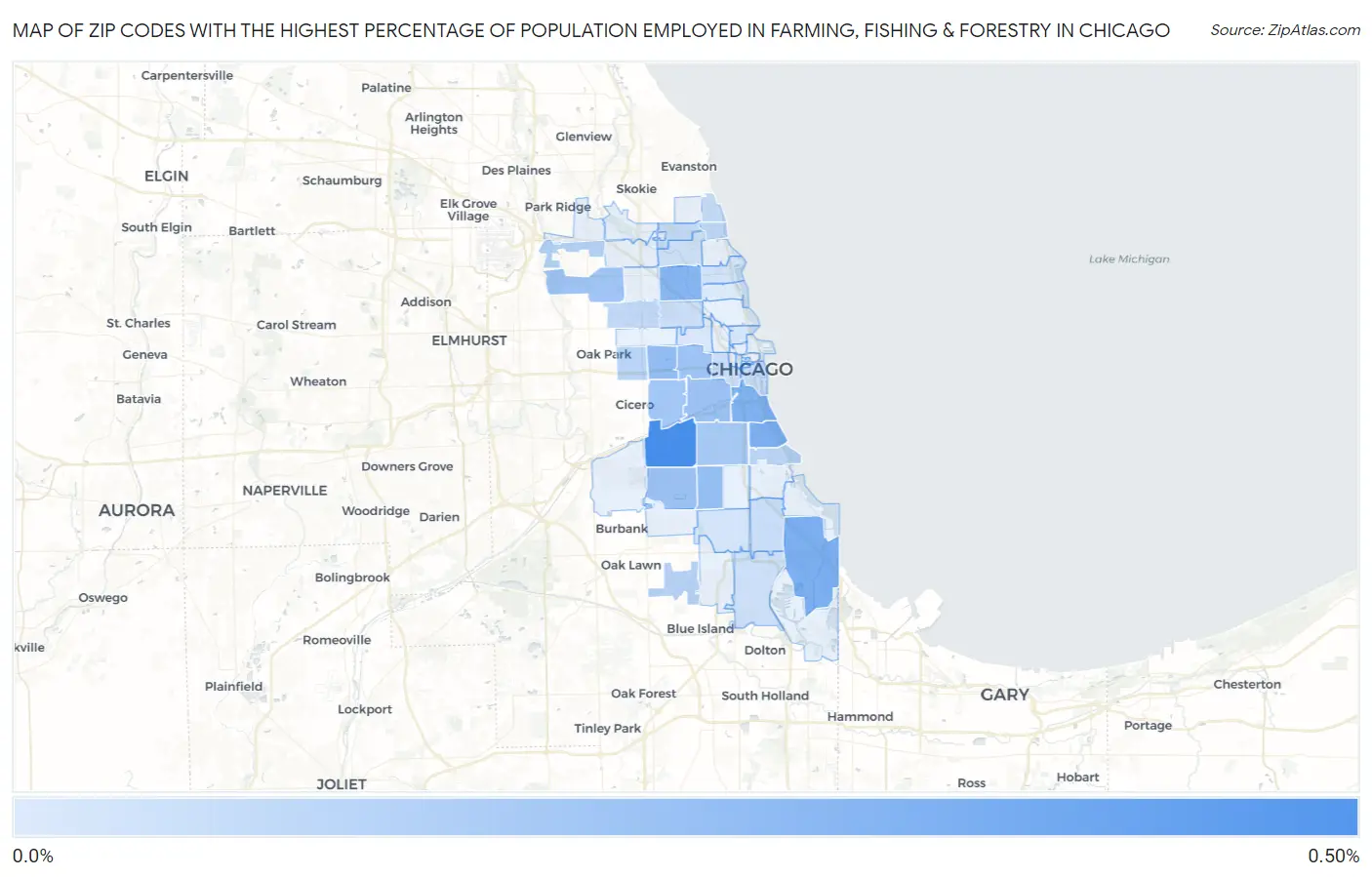 Zip Codes with the Highest Percentage of Population Employed in Farming, Fishing & Forestry in Chicago Map