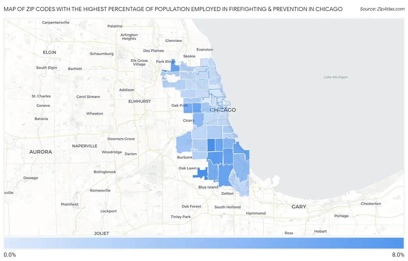 Zip Codes with the Highest Percentage of Population Employed in Firefighting & Prevention in Chicago Map