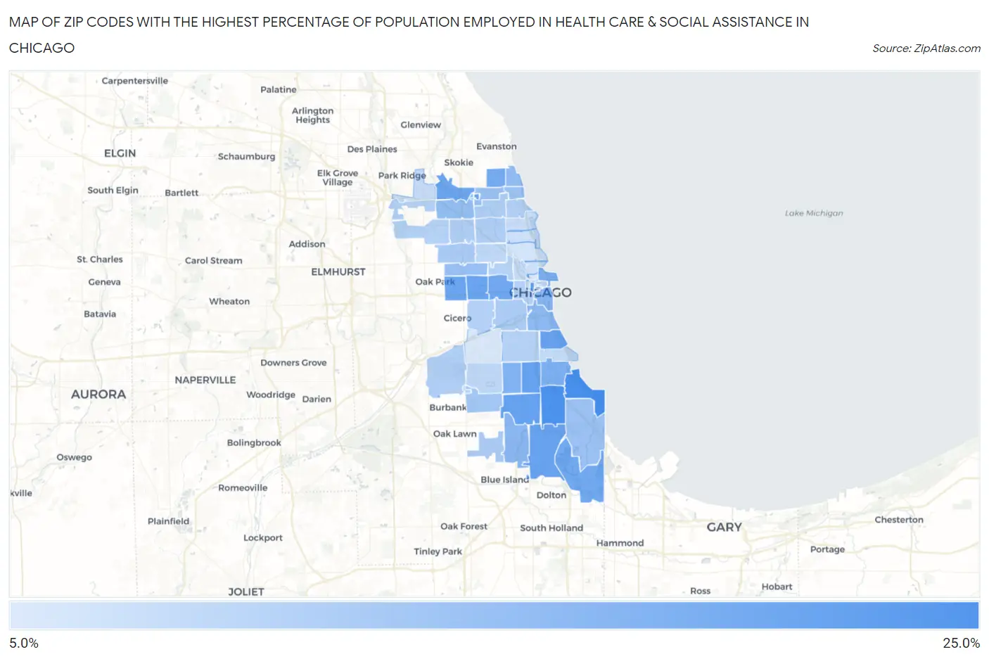 Zip Codes with the Highest Percentage of Population Employed in Health Care & Social Assistance in Chicago Map