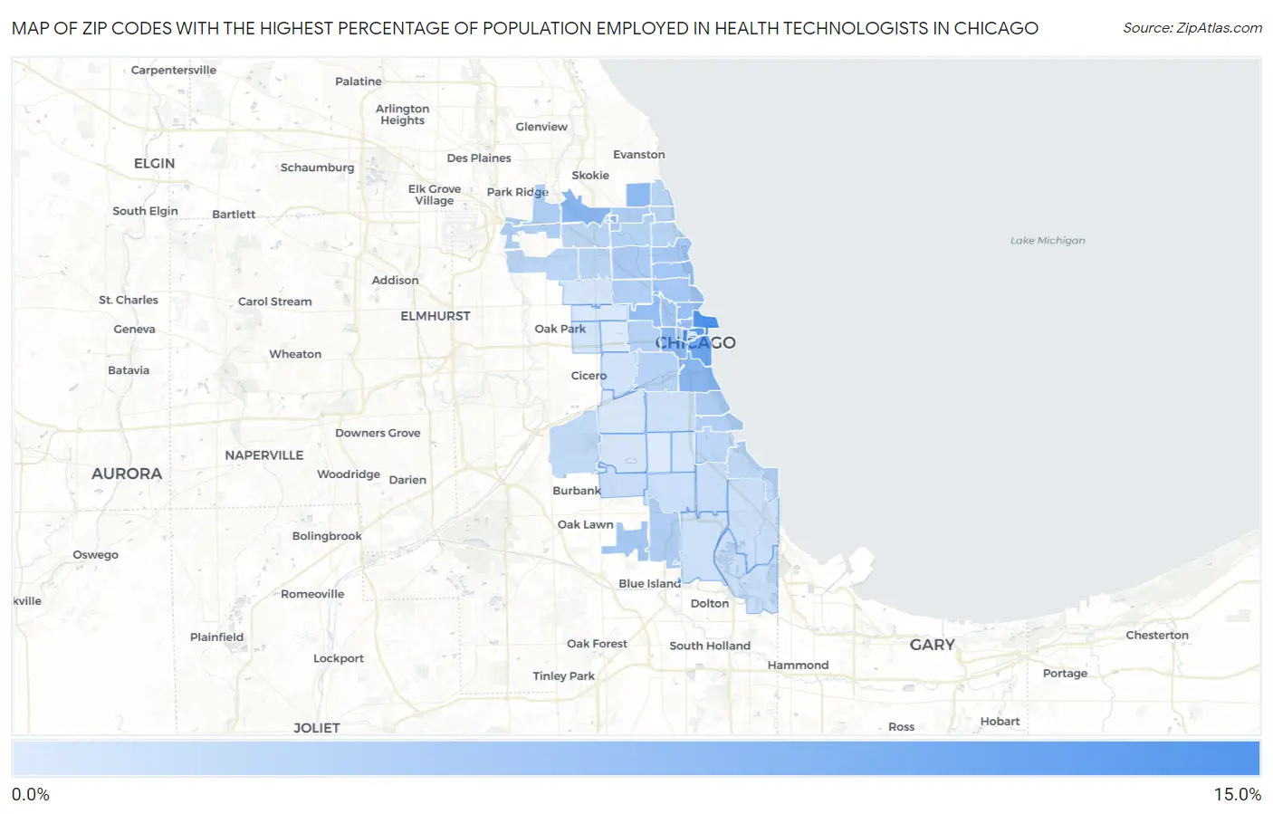 Zip Codes with the Highest Percentage of Population Employed in Health Technologists in Chicago Map