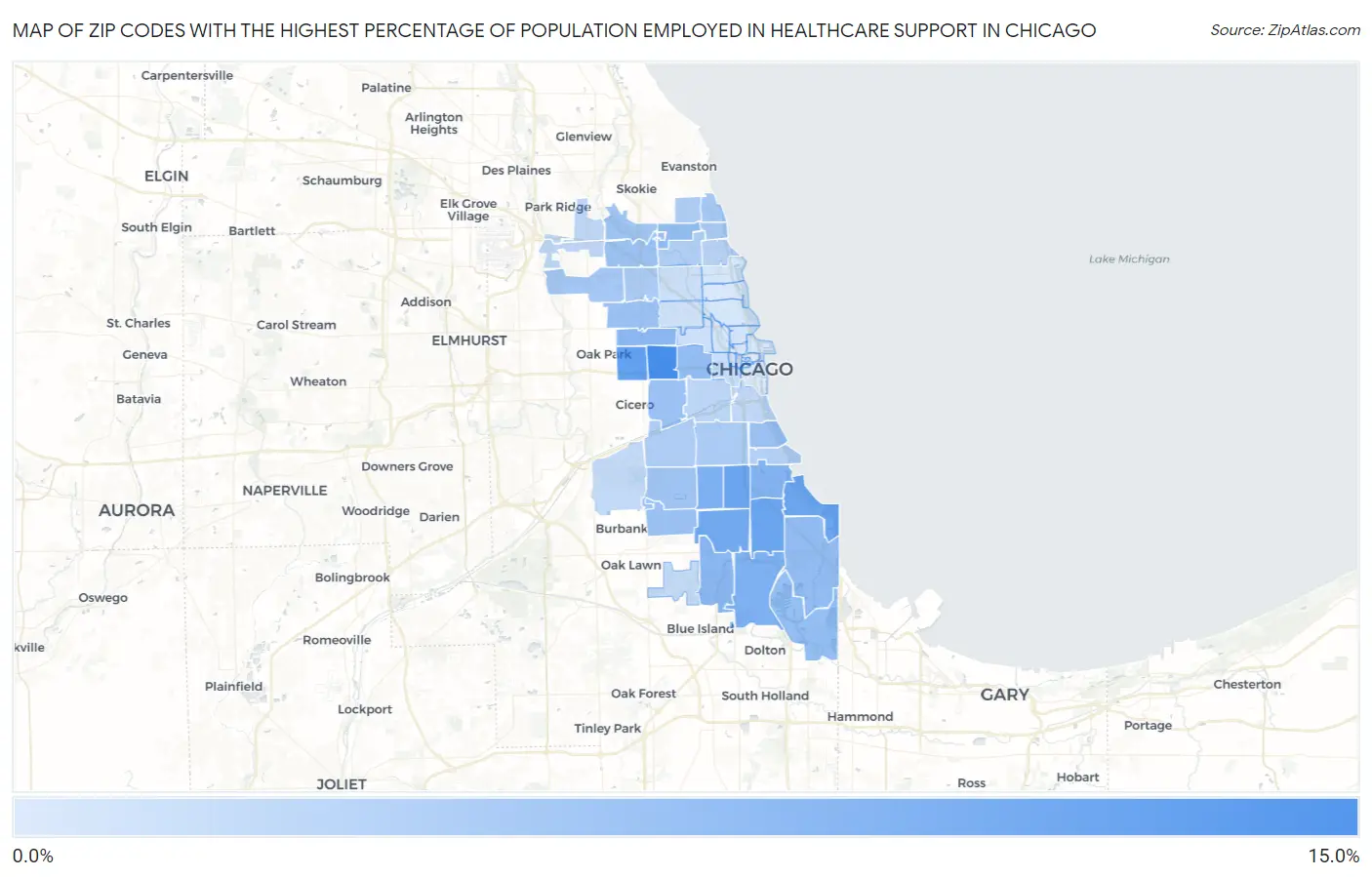 Zip Codes with the Highest Percentage of Population Employed in Healthcare Support in Chicago Map