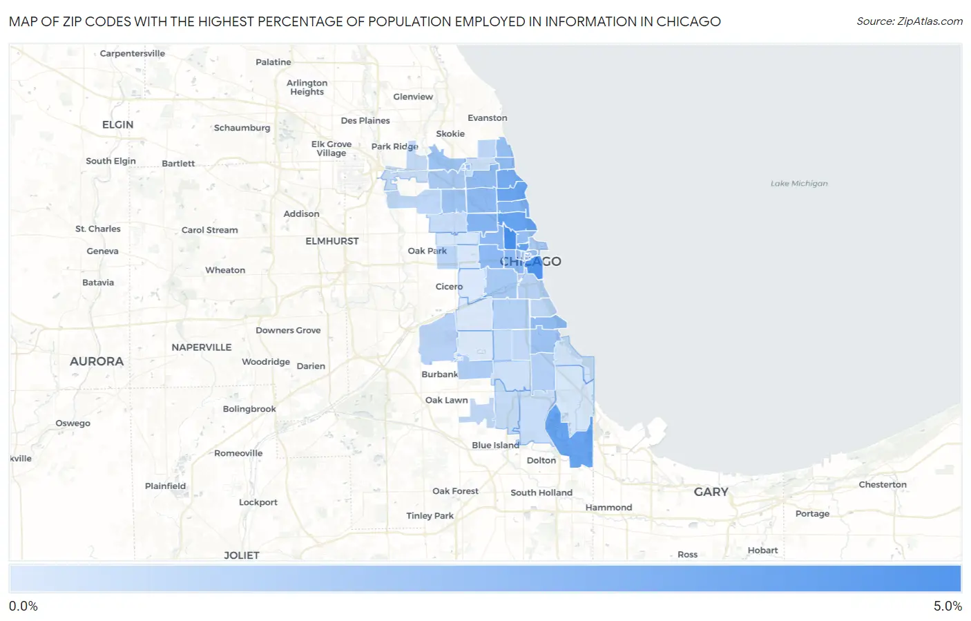 Zip Codes with the Highest Percentage of Population Employed in Information in Chicago Map