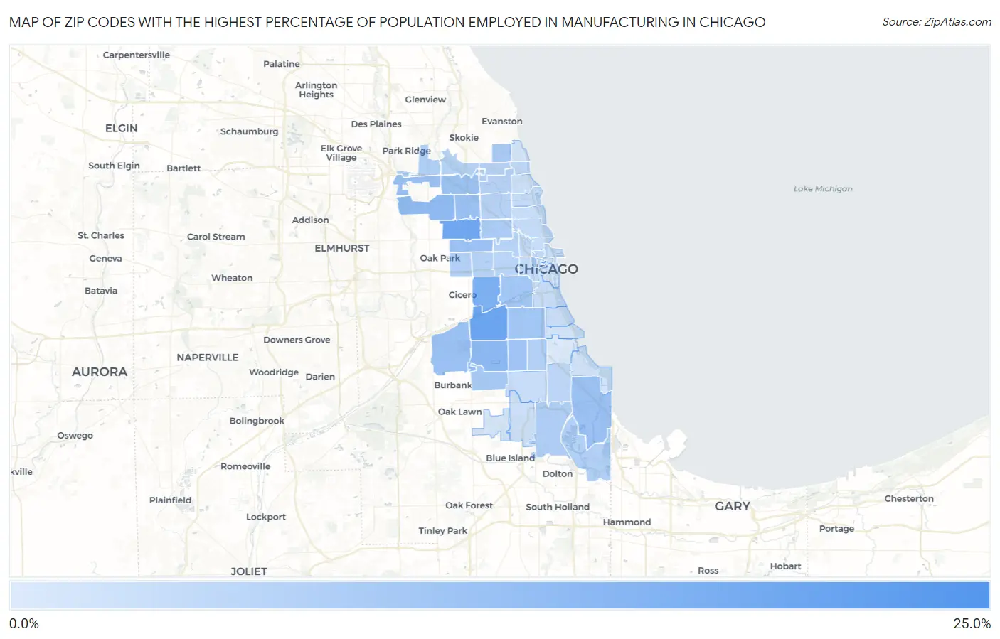 Zip Codes with the Highest Percentage of Population Employed in Manufacturing in Chicago Map
