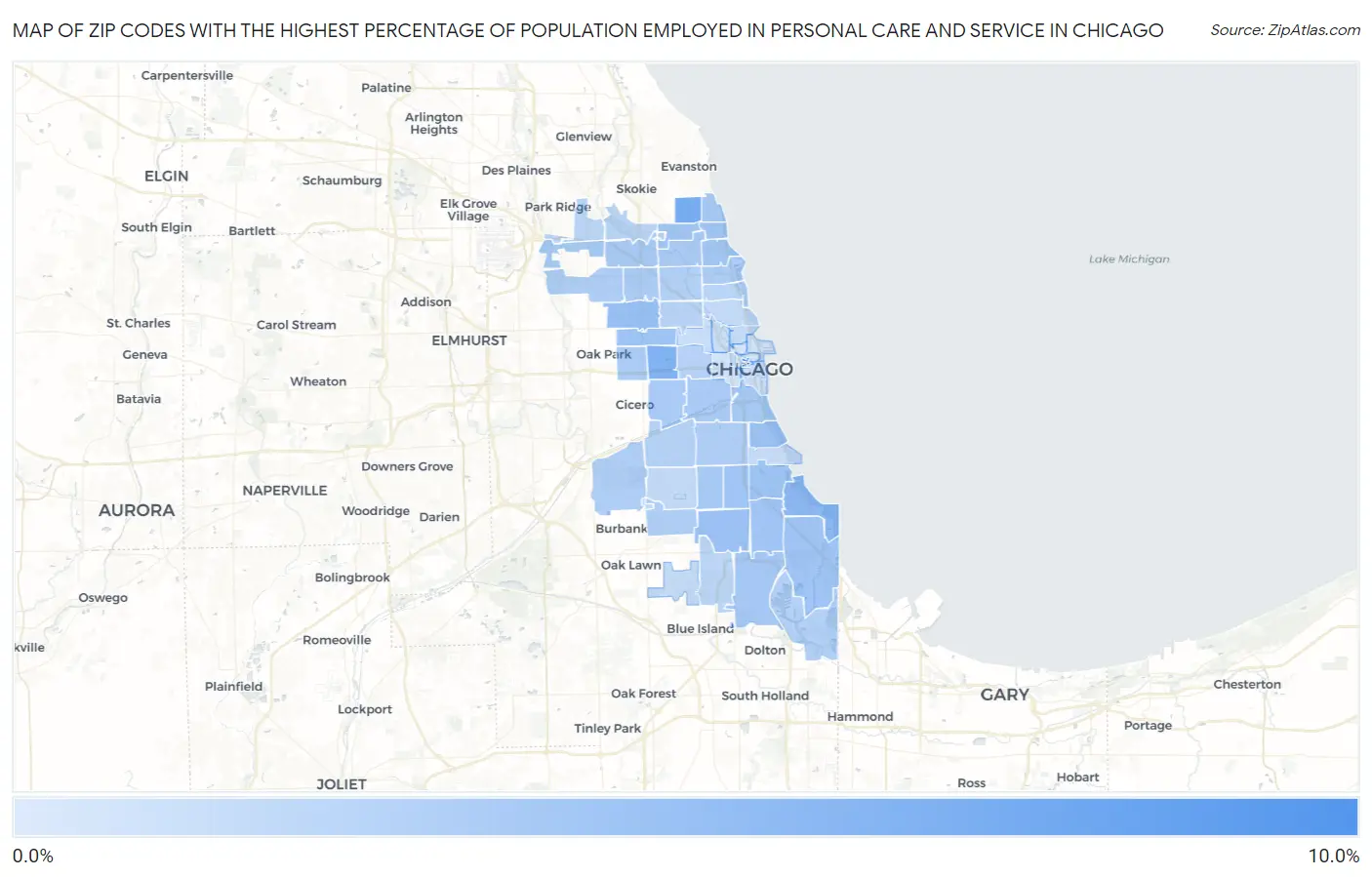 Zip Codes with the Highest Percentage of Population Employed in Personal Care and Service in Chicago Map