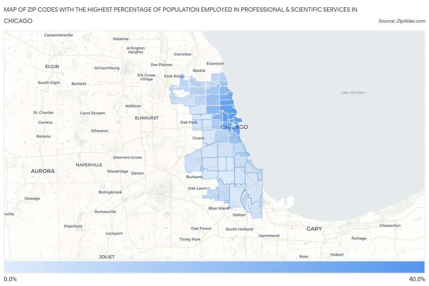 Zip Codes with the Highest Percentage of Population Employed in Professional & Scientific Services in Chicago Map