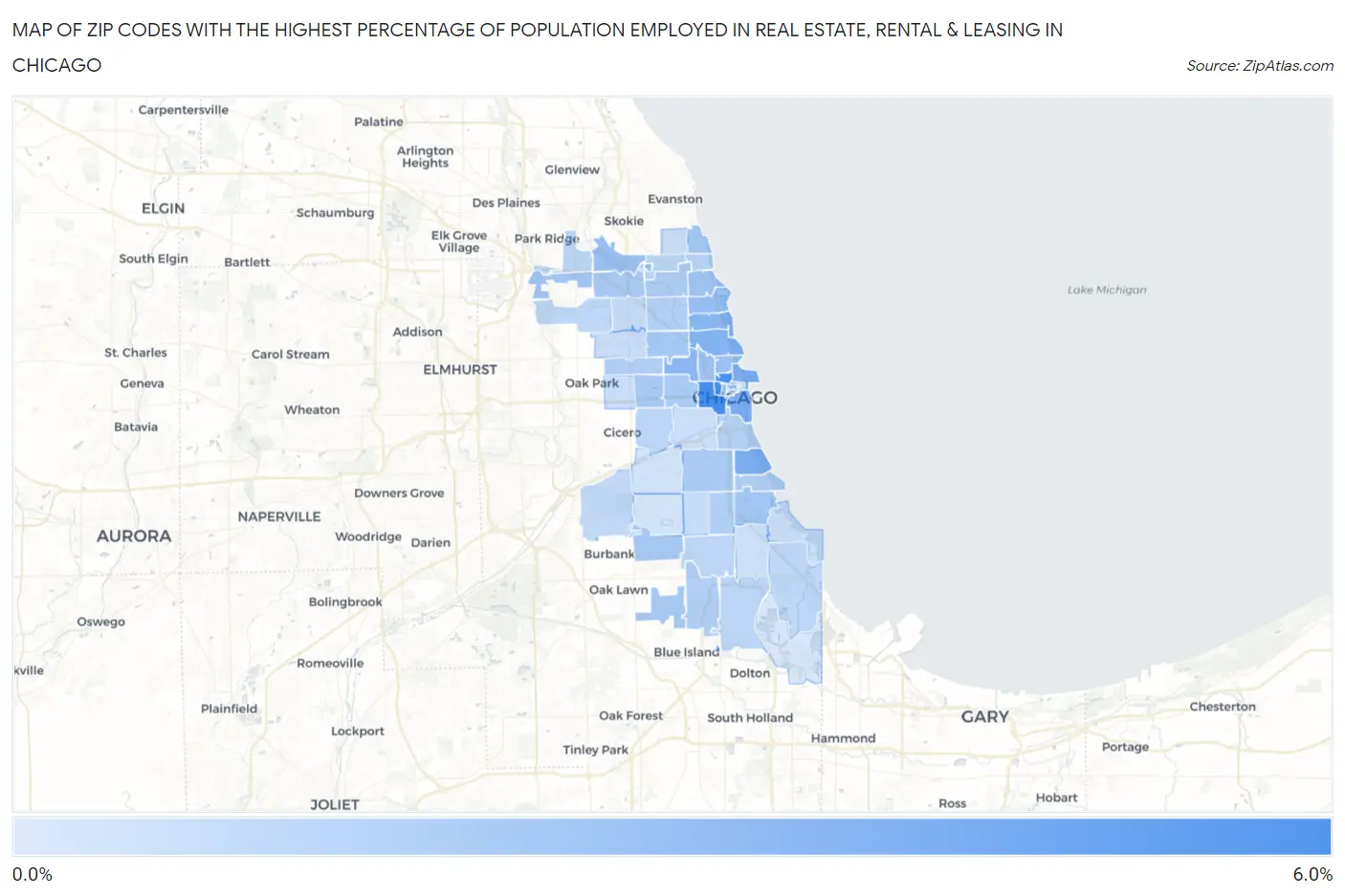 Zip Codes with the Highest Percentage of Population Employed in Real Estate, Rental & Leasing in Chicago Map