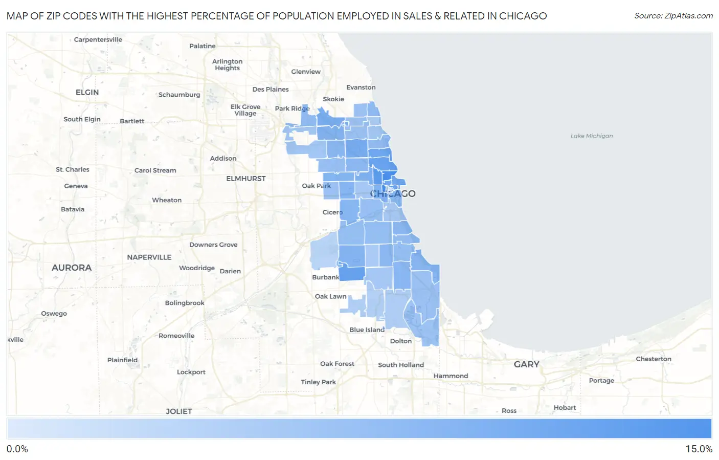 Zip Codes with the Highest Percentage of Population Employed in Sales & Related in Chicago Map