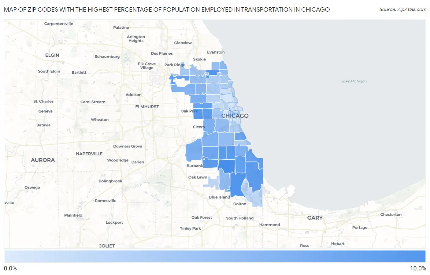 Zip Codes with the Highest Percentage of Population Employed in Transportation in Chicago Map