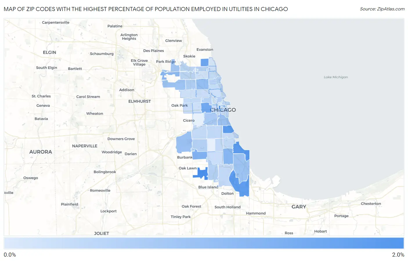 Zip Codes with the Highest Percentage of Population Employed in Utilities in Chicago Map