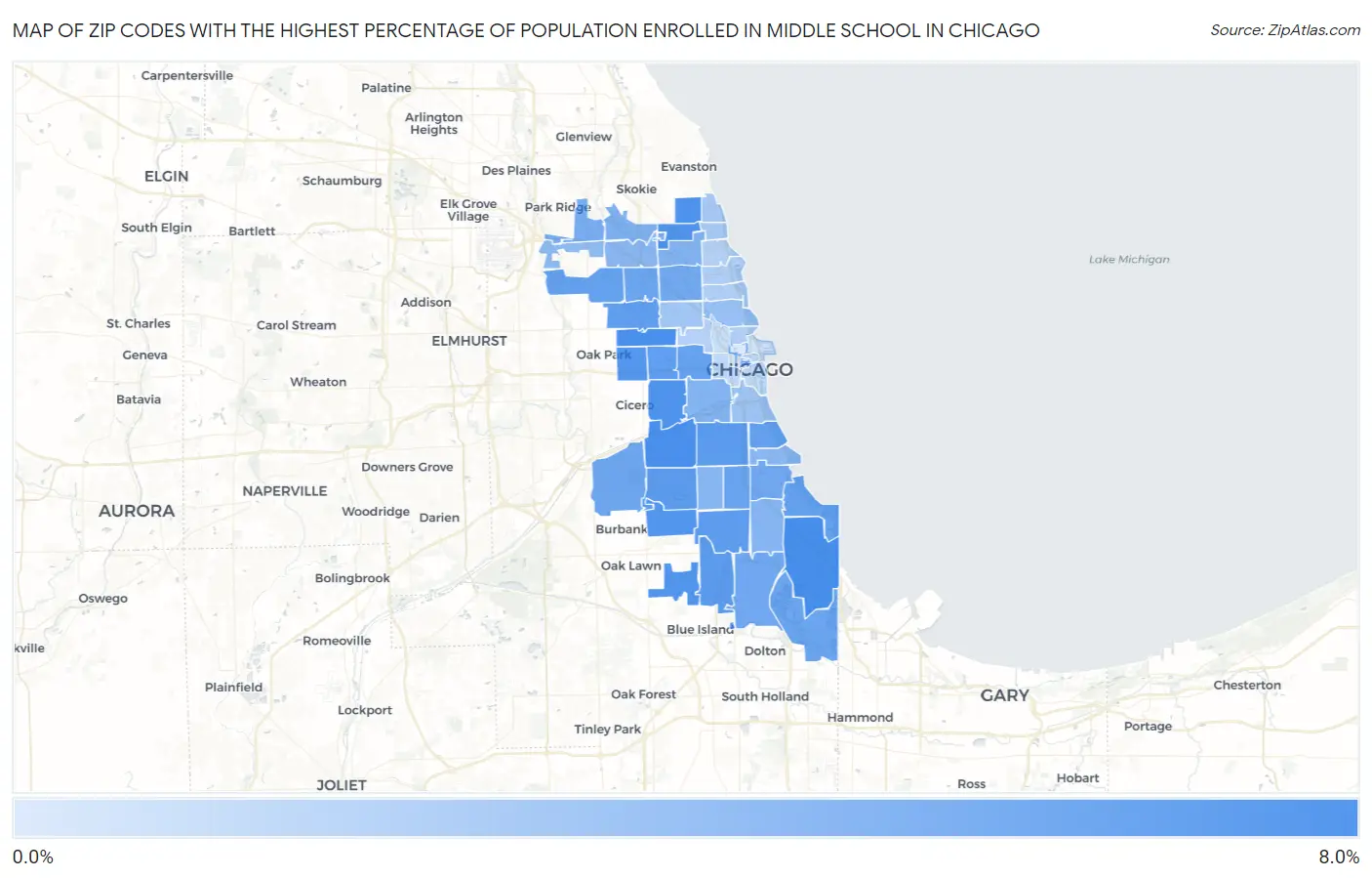 Zip Codes with the Highest Percentage of Population Enrolled in Middle School in Chicago Map