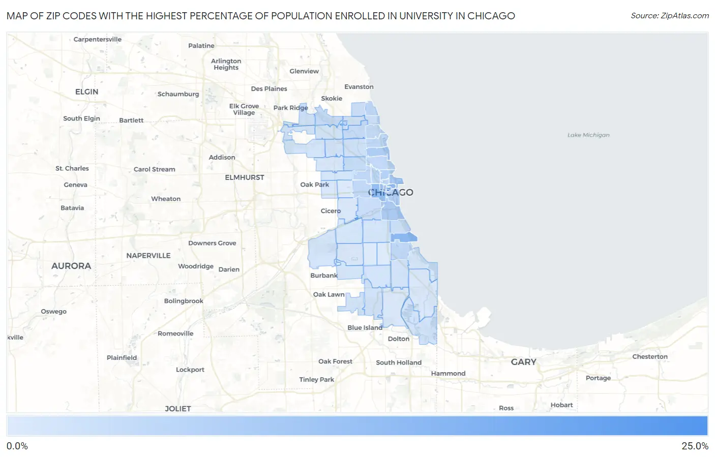 Zip Codes with the Highest Percentage of Population Enrolled in University in Chicago Map