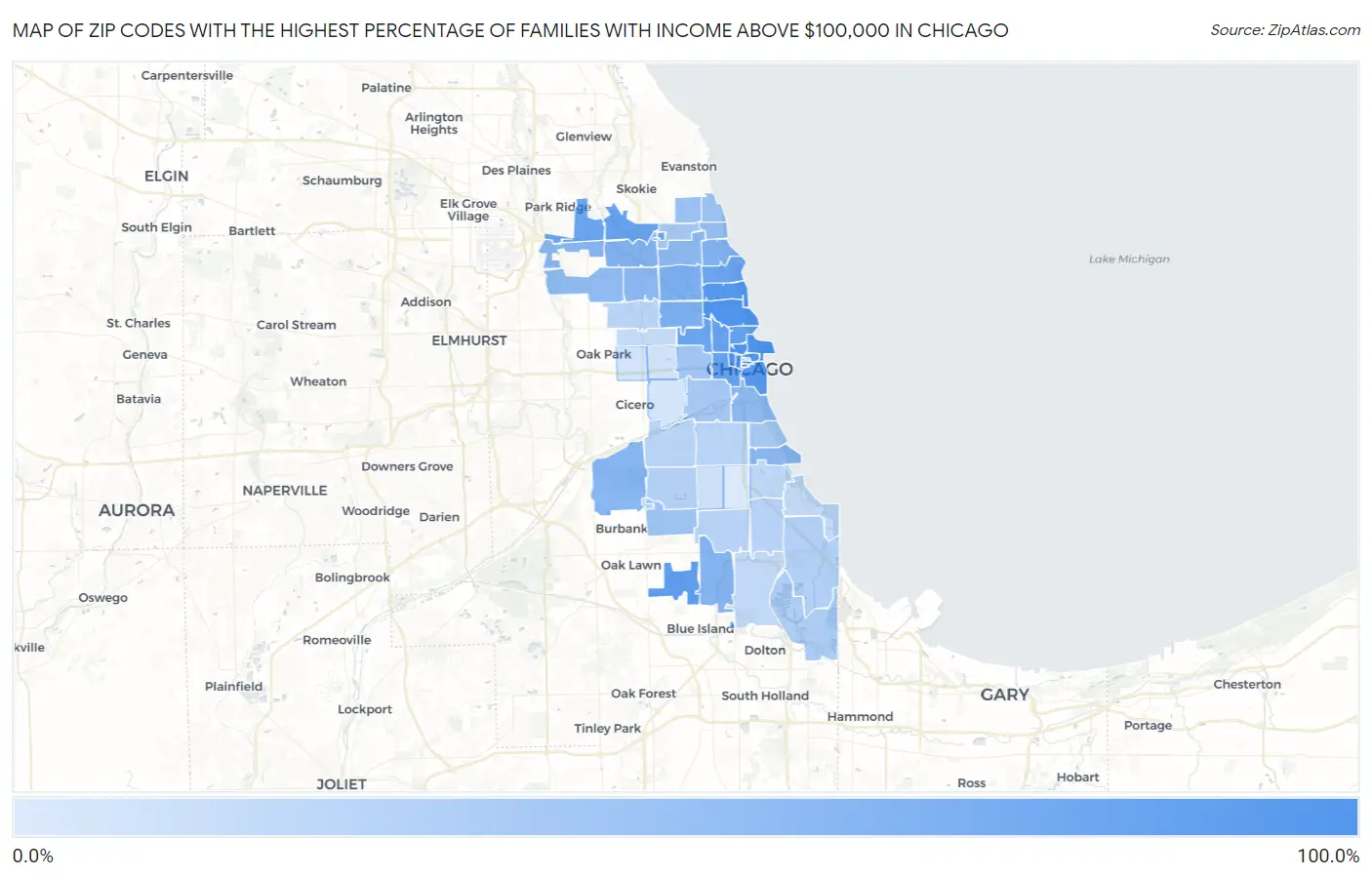Zip Codes with the Highest Percentage of Families with Income Above $100,000 in Chicago Map