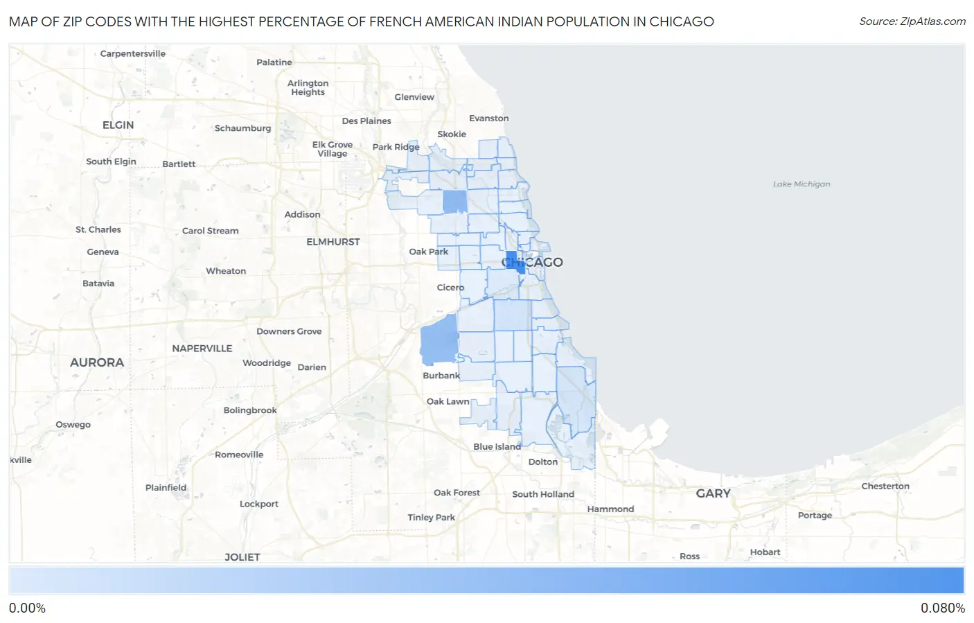 Zip Codes with the Highest Percentage of French American Indian Population in Chicago Map