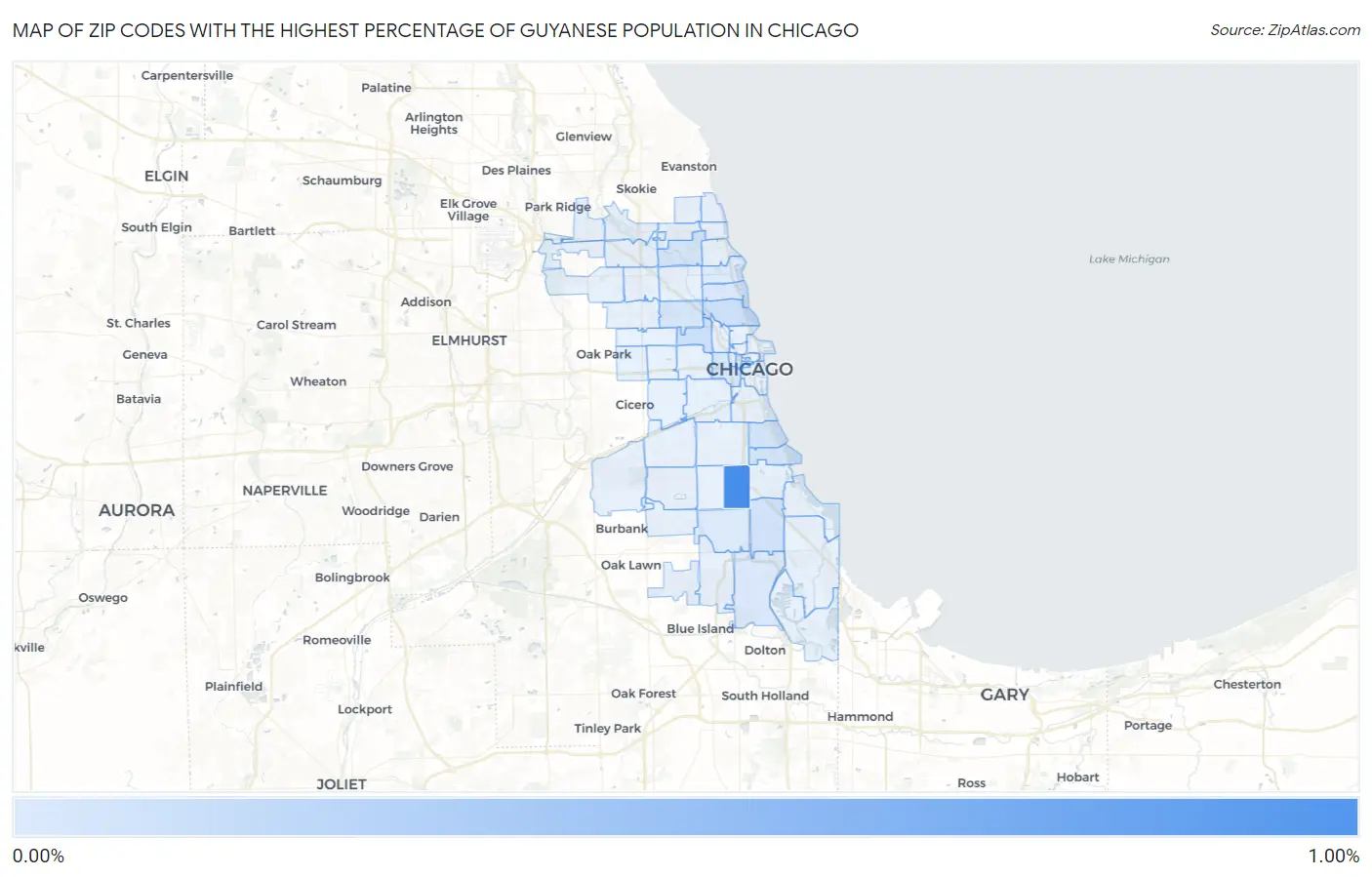 Zip Codes with the Highest Percentage of Guyanese Population in Chicago Map