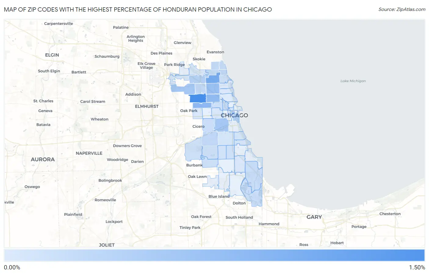 Zip Codes with the Highest Percentage of Honduran Population in Chicago Map