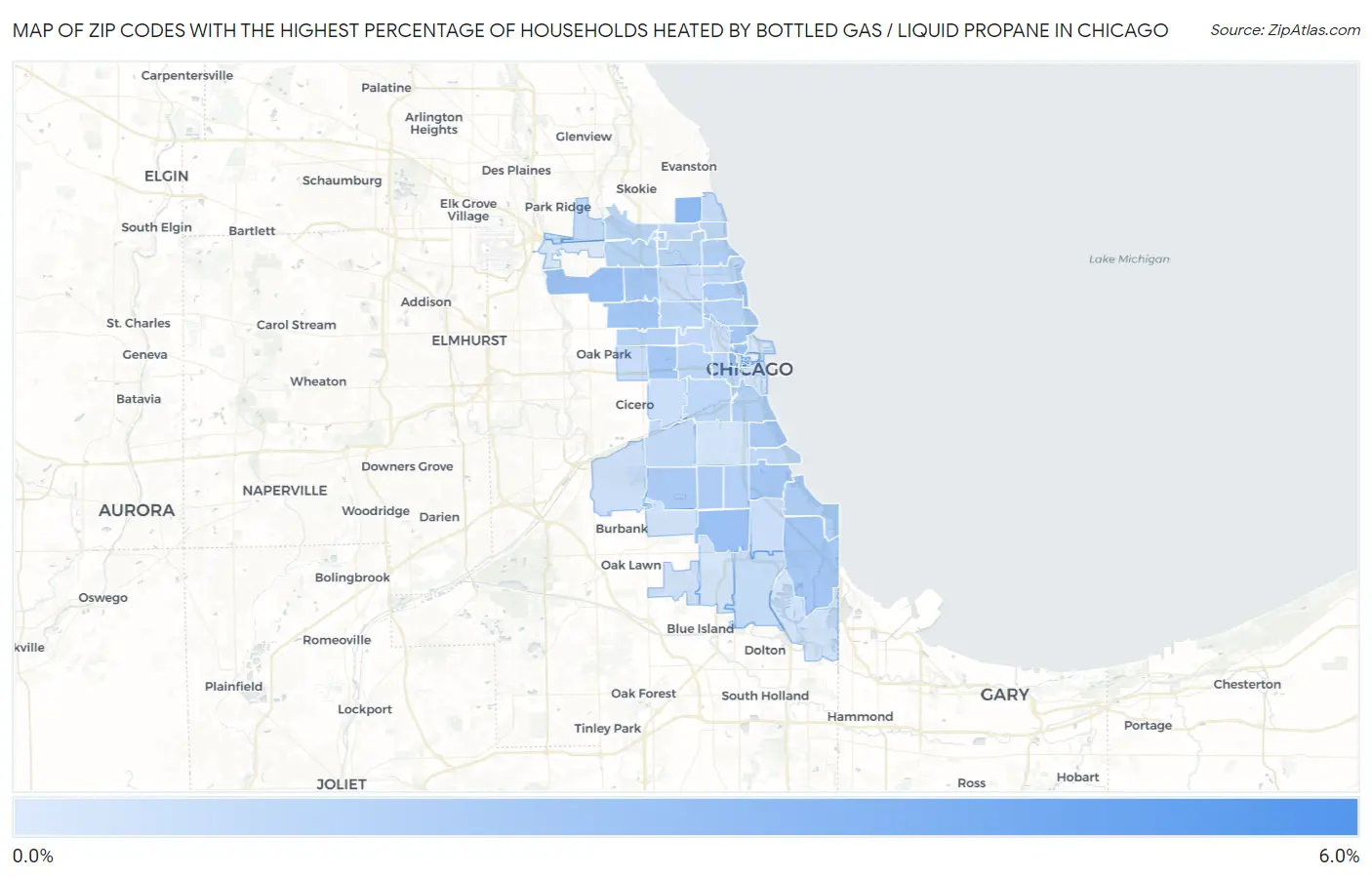 Zip Codes with the Highest Percentage of Households Heated by Bottled Gas / Liquid Propane in Chicago Map