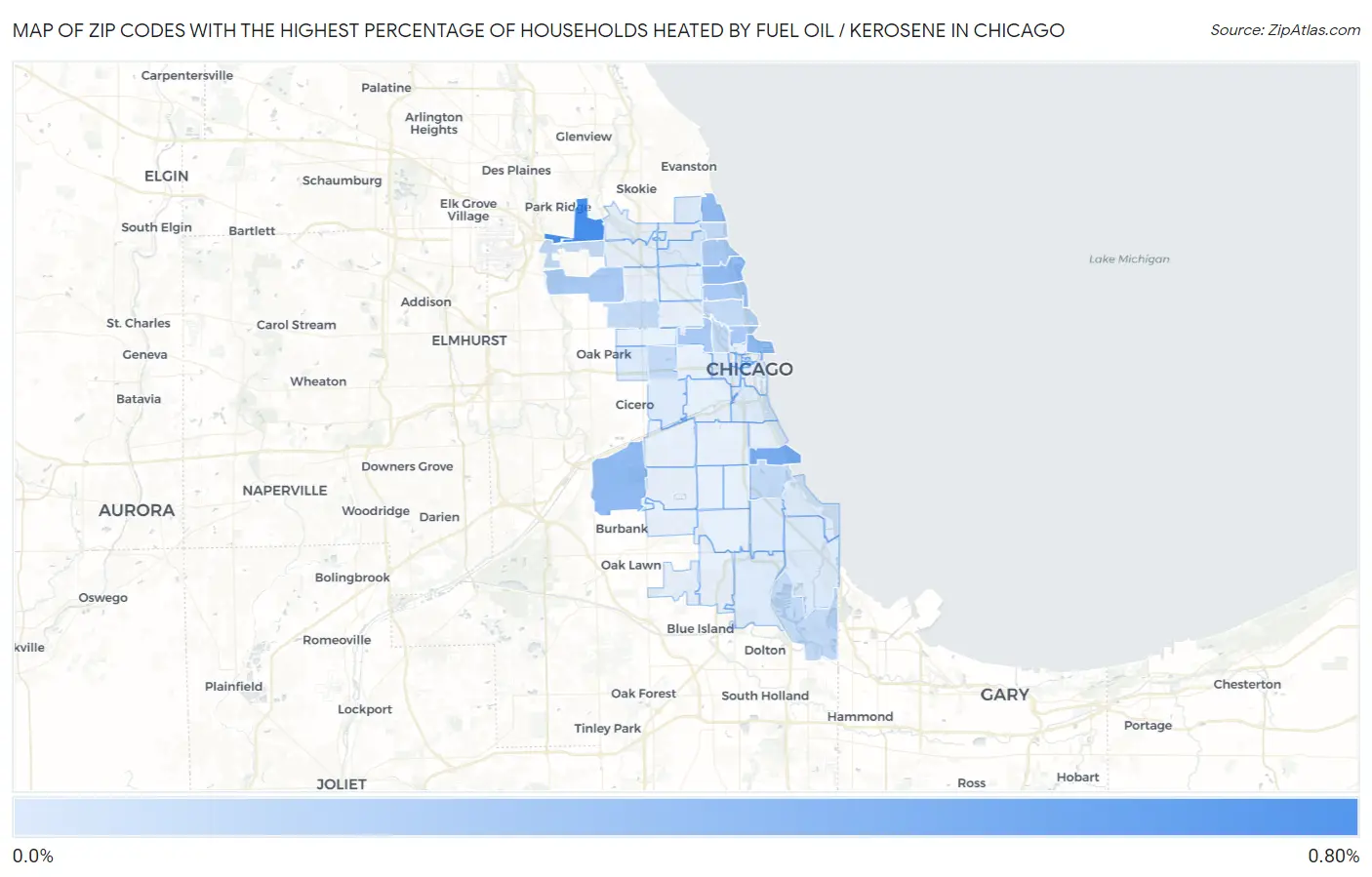 Zip Codes with the Highest Percentage of Households Heated by Fuel Oil / Kerosene in Chicago Map