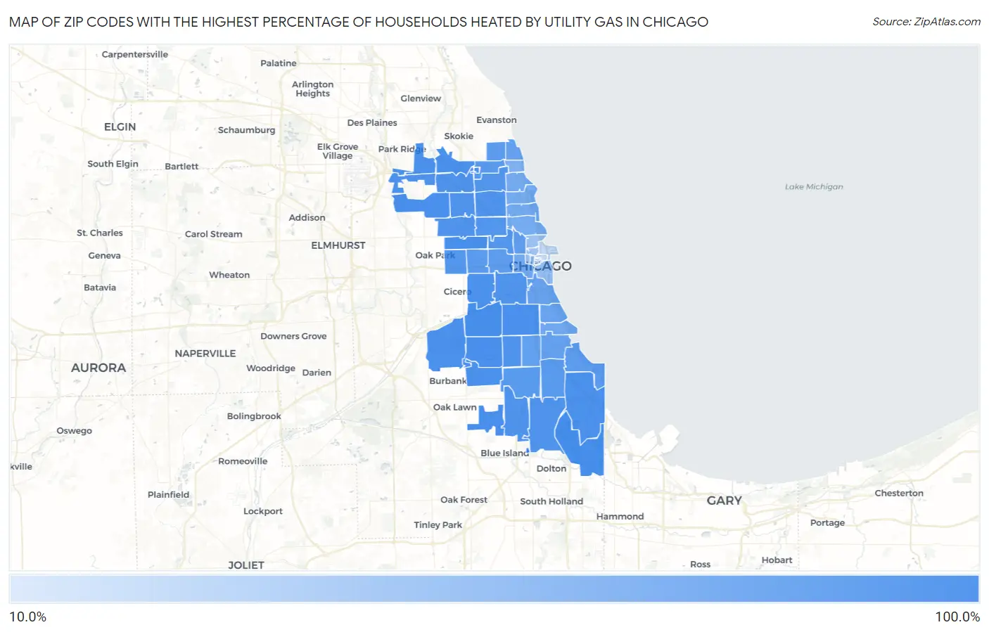 Zip Codes with the Highest Percentage of Households Heated by Utility Gas in Chicago Map