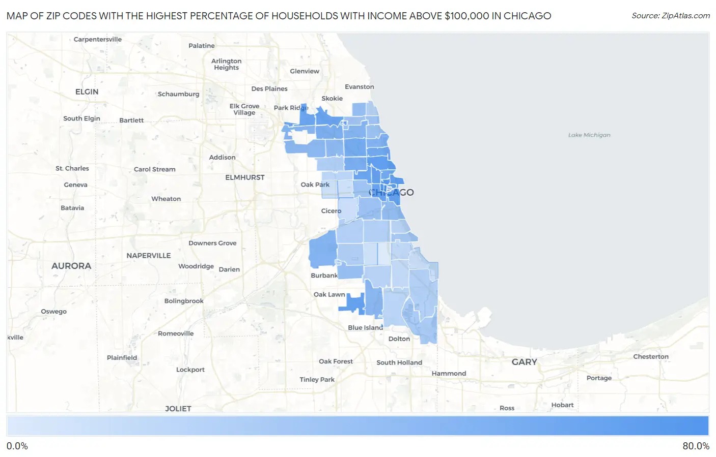 Zip Codes with the Highest Percentage of Households with Income Above $100,000 in Chicago Map