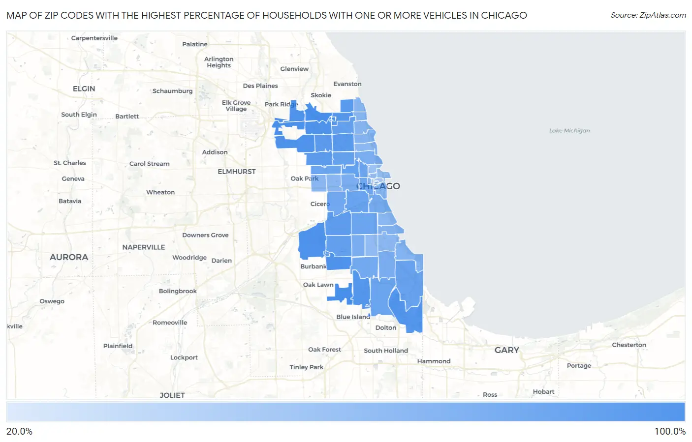 Zip Codes with the Highest Percentage of Households With One or more Vehicles in Chicago Map