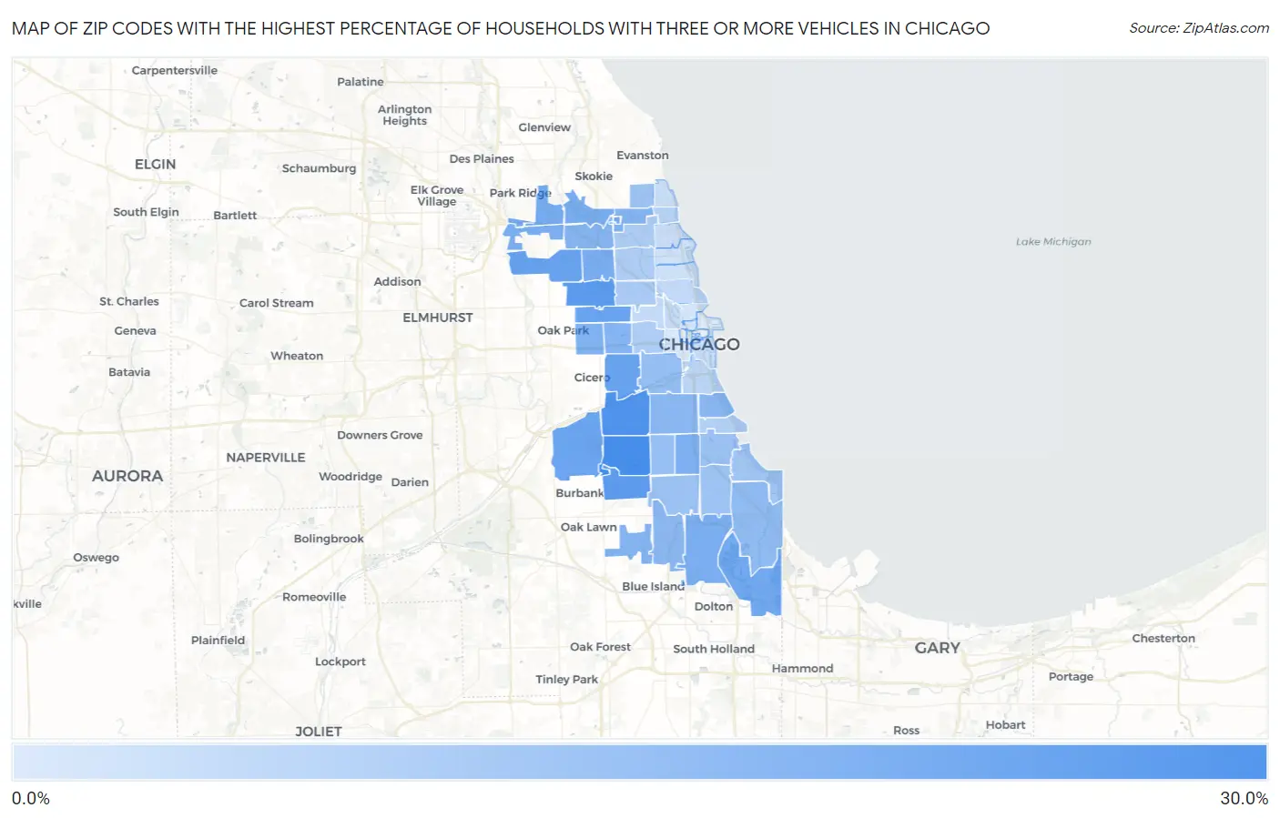 Zip Codes with the Highest Percentage of Households With Three or more Vehicles in Chicago Map