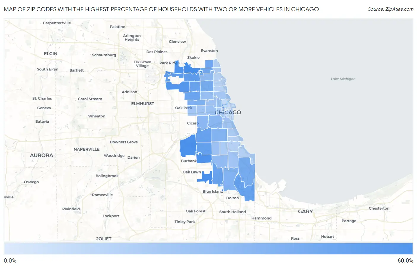 Zip Codes with the Highest Percentage of Households With Two or more Vehicles in Chicago Map