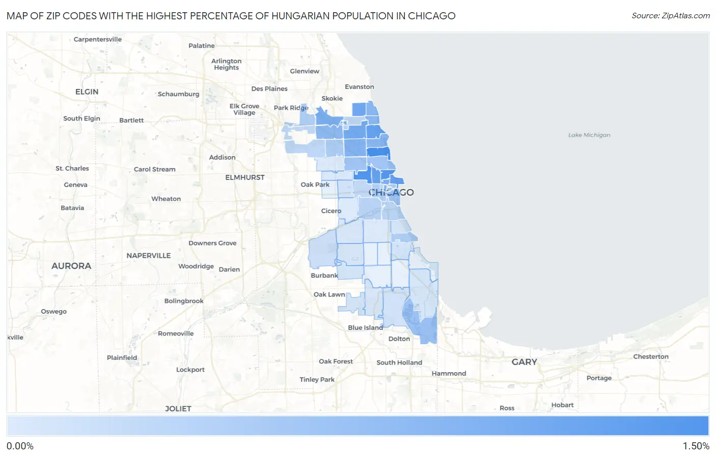Zip Codes with the Highest Percentage of Hungarian Population in Chicago Map