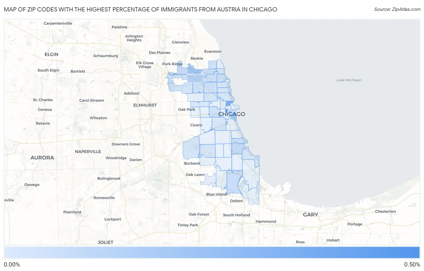 Zip Codes with the Highest Percentage of Immigrants from Austria in Chicago Map