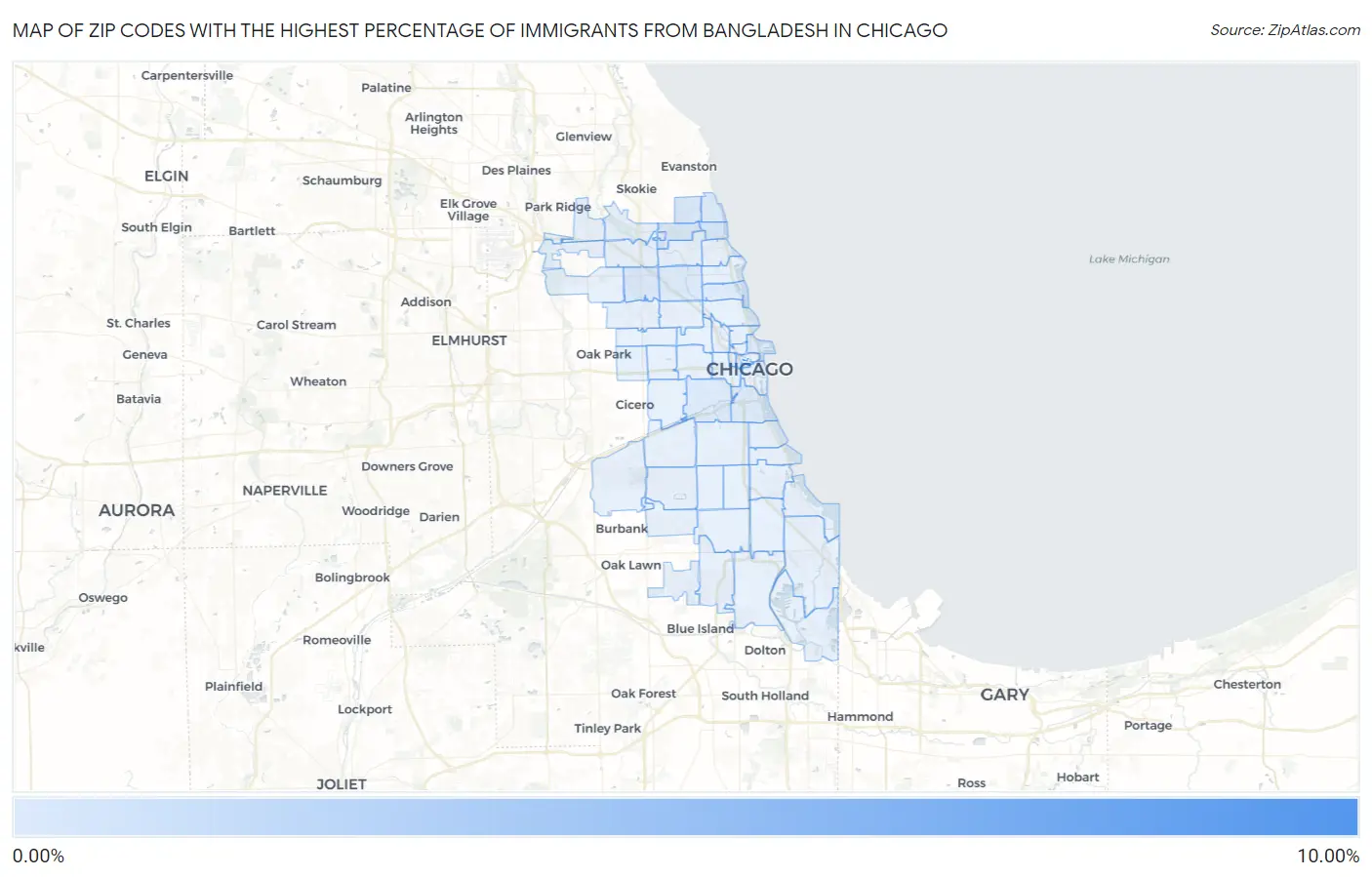 Zip Codes with the Highest Percentage of Immigrants from Bangladesh in Chicago Map