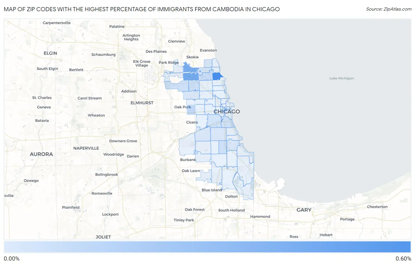 Zip Codes with the Highest Percentage of Immigrants from Cambodia in Chicago Map